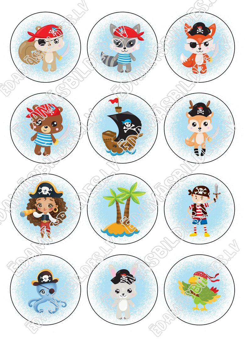 Cukura papīrs ar apdruku "Jautrie pirāti", kapkeiku aplīši 6 cm